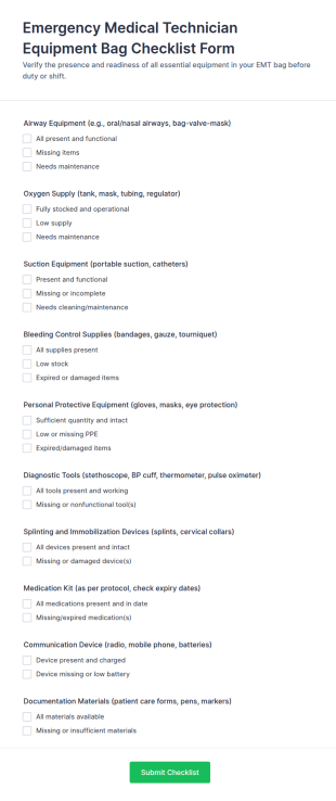 Emergency Medical Technician Equipment Bag Checklist Form Template