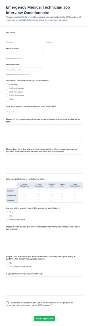 Emergency Medical Technician Job Interview Questionnaire Form Template