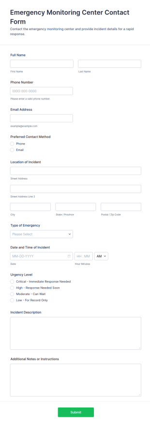 Emergency Monitoring Center Contact Form Template