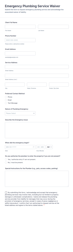 Emergency Plumbing Service Waiver Form Template