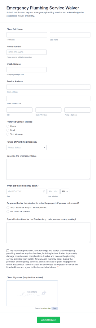 Emergency Plumbing Service Waiver Form Template