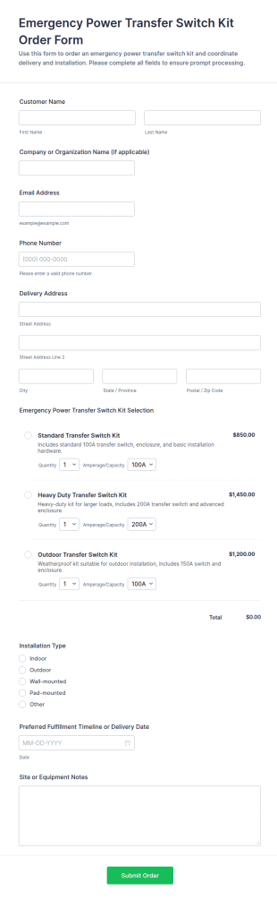 Emergency Power Transfer Switch Kit Order Form Template