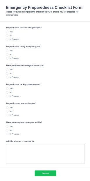 Emergency Preparedness Checklist Form Template