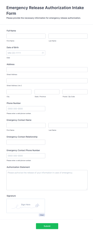 Emergency Release Authorization Intake Form Form Template
