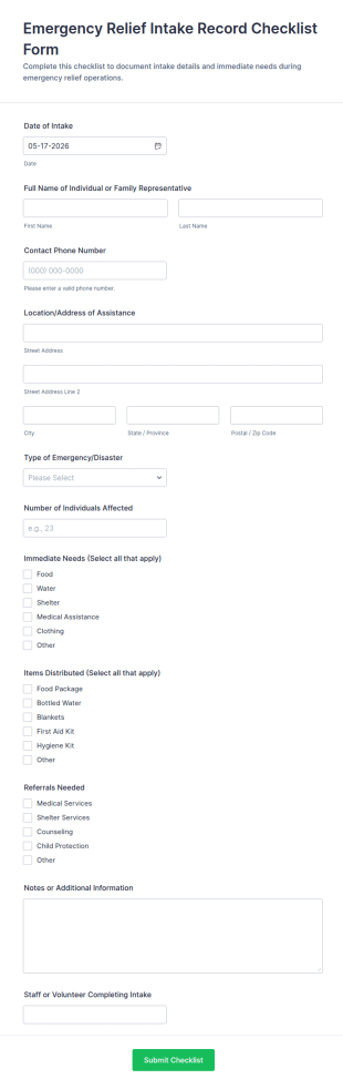 Emergency Relief Intake Record Checklist Form Template
