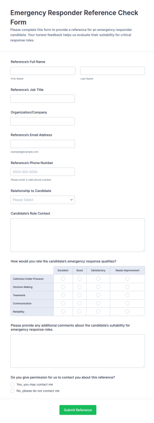 Emergency Responder Reference Check Form Template