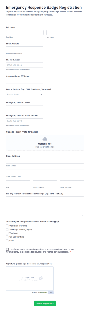 Emergency Response Badge Registration Form Template