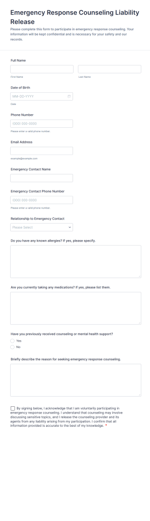 Emergency Response Counseling Liability Release Form Template