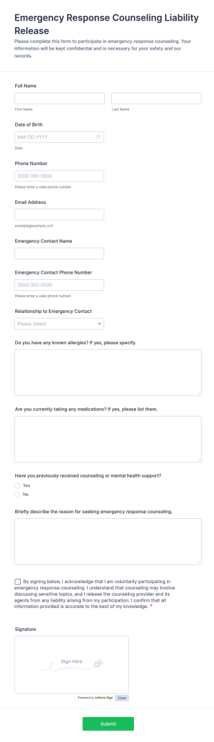 Emergency Response Counseling Liability Release Form Template