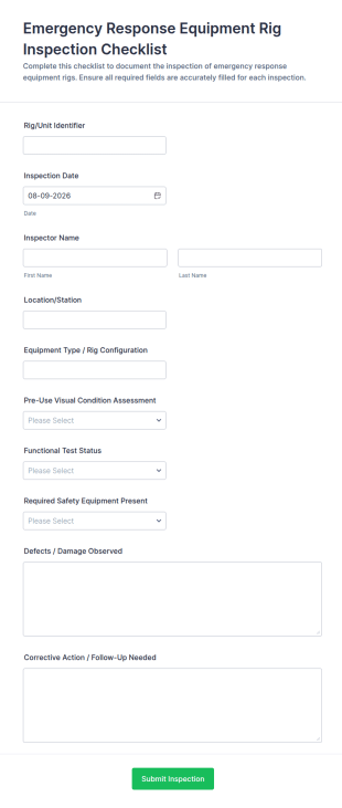 Emergency Response Equipment Rig Inspection Checklist Form Template
