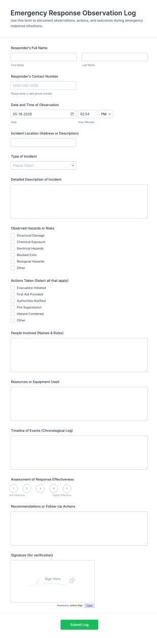Emergency Response Observation Log Form Template