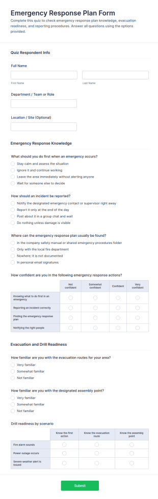 Emergency Response Plan Quiz Form Template