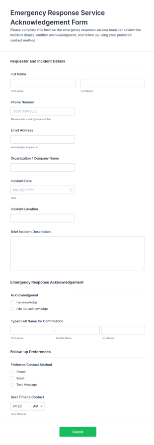 Emergency Response Service Acknowledgement Form Template