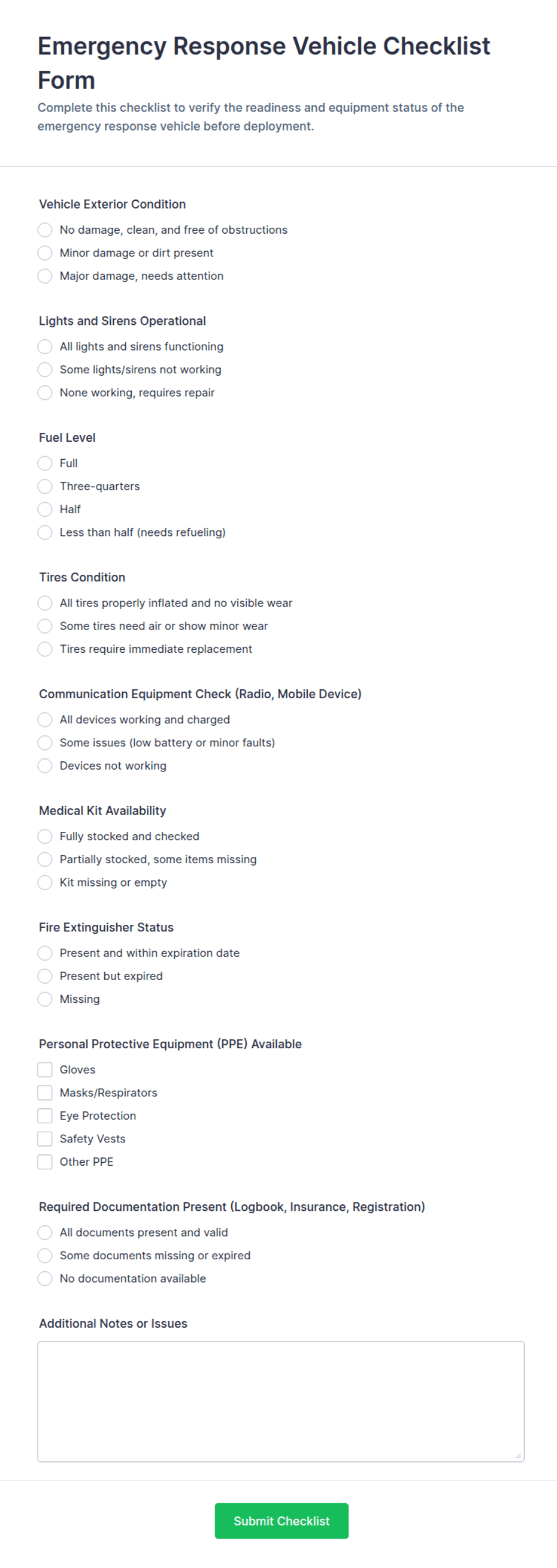 Emergency Response Vehicle Checklist Form Template | Jotform
