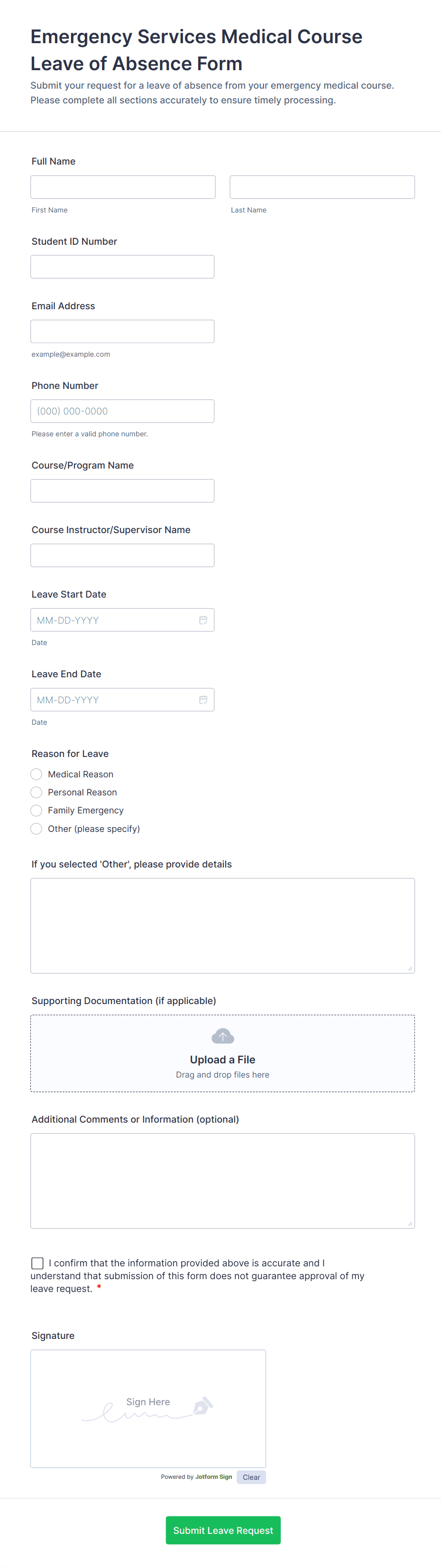 Emergency Services Medical Course Leave of Absence Form Template | Jotform