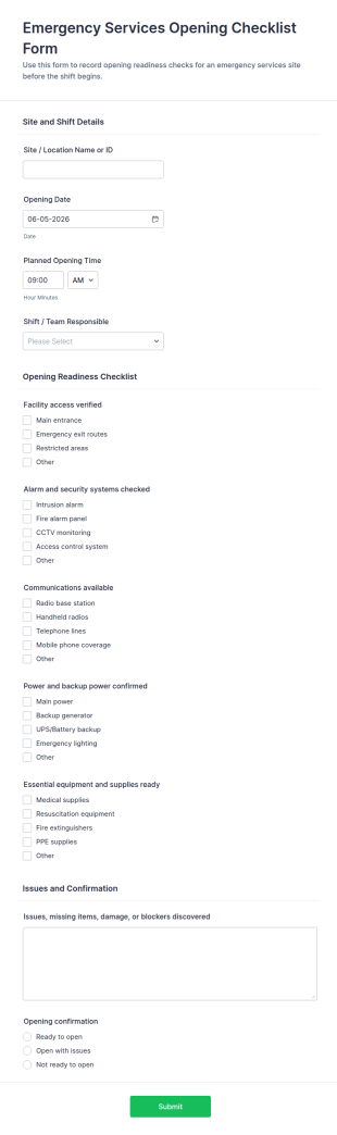 Emergency Services Opening Checklist Form Template