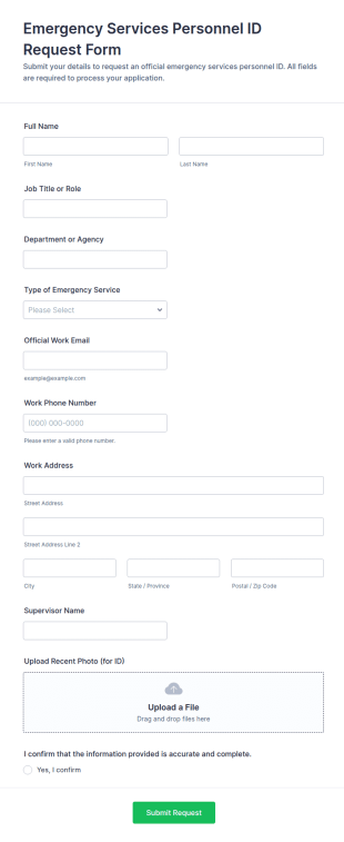 Emergency Services Personnel ID Request Form Template