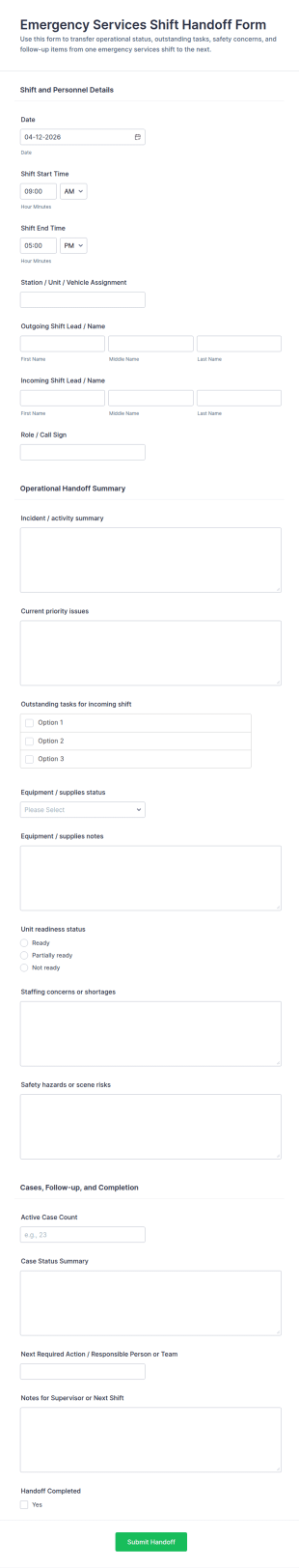 Emergency Services Shift Handoff Form Template