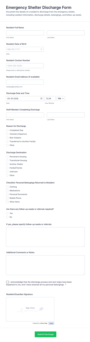 Emergency Shelter Discharge Form Template