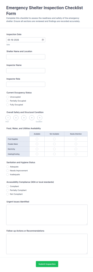Emergency Shelter Inspection Checklist Form Template