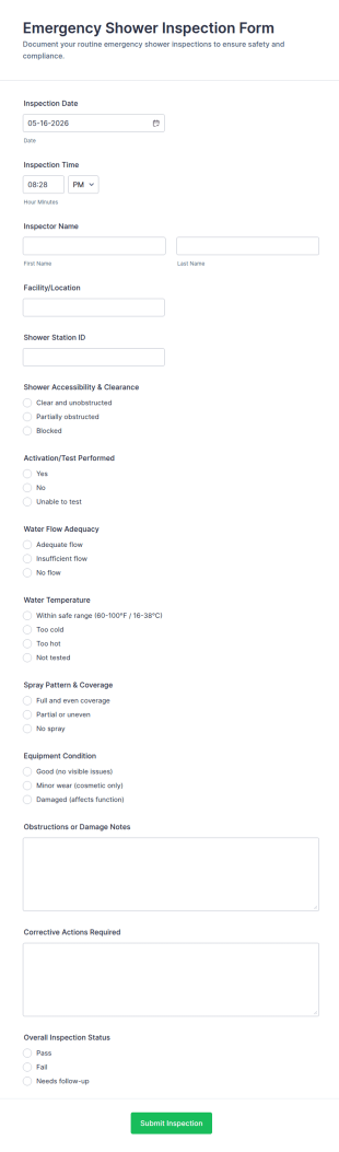 Emergency Shower Inspection Form Template