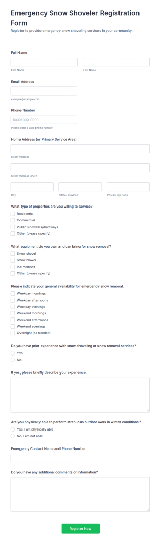 Emergency Snow Shoveler Registration Form Template