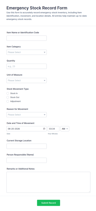 Emergency Stock Record Form Template
