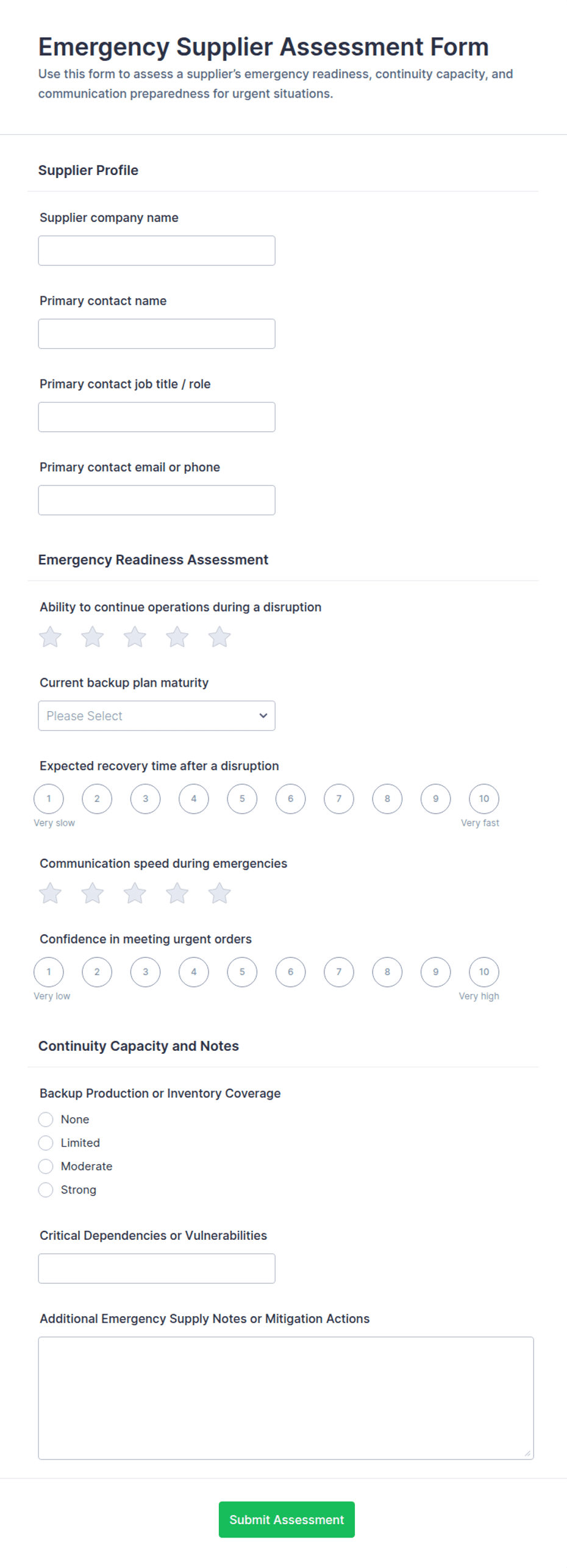 Emergency Supplier Assessment Form Template | Jotform