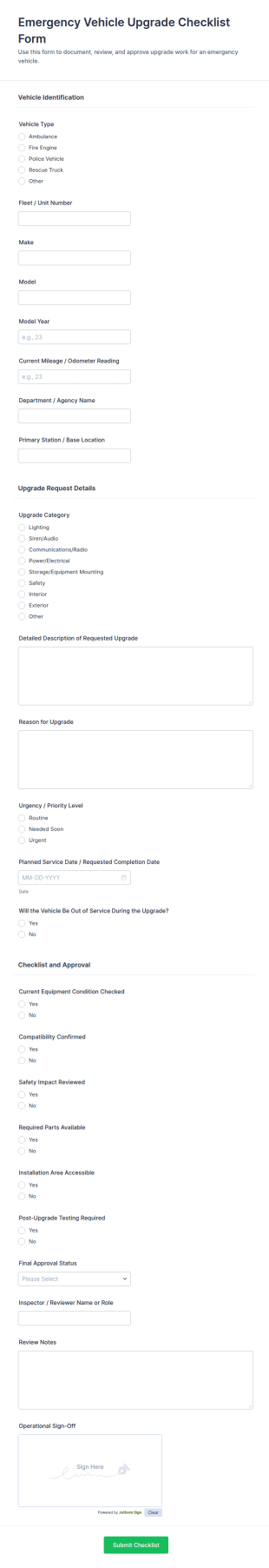 Emergency Vehicle Upgrade Checklist Form Template