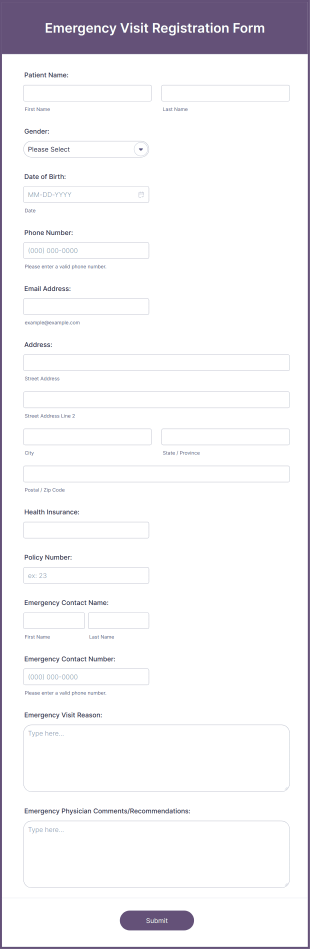 Emergency Visit Registration Form Template