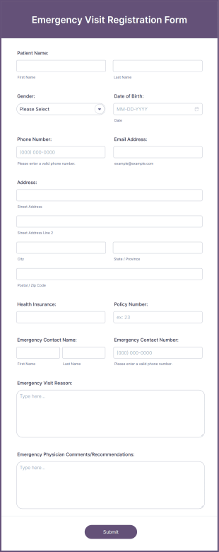 Emergency Visit Registration Form Template