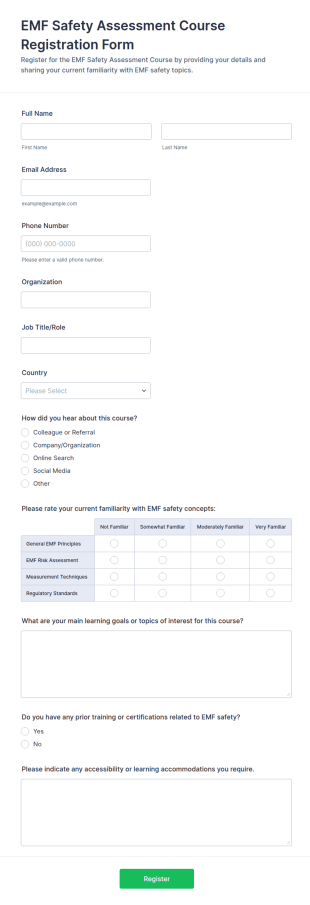 EMF Safety Assessment Course Registration Form Template