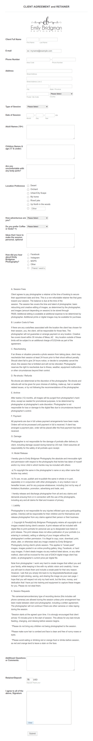 Photography Client Agreement Form Template