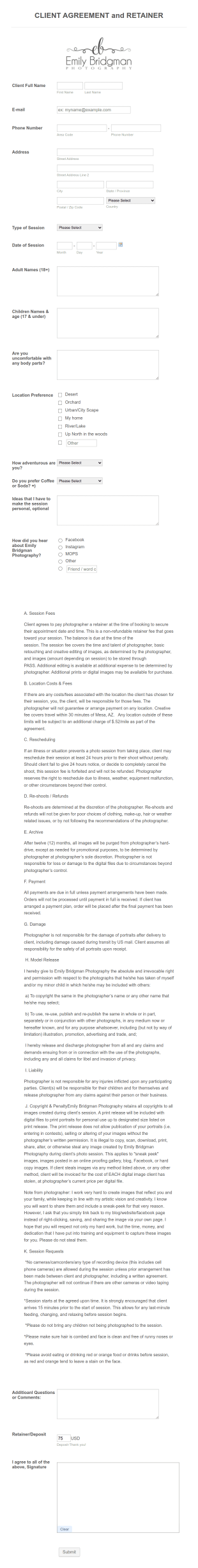 Photography Client Agreement Form Template