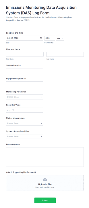 Emissions Monitoring Data Acquisition System Log Form Template
