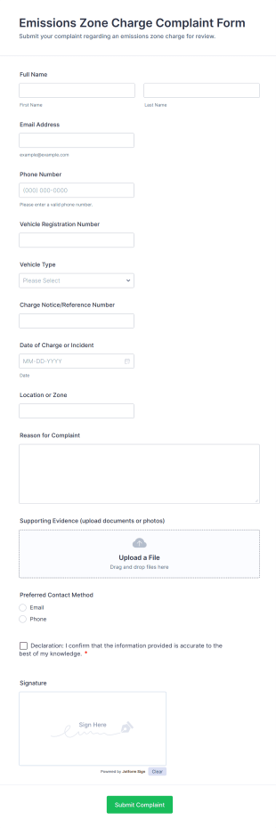 Emissions Zone Charge Complaint Form Template
