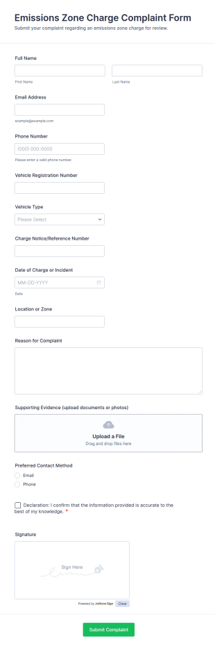 Emissions Zone Charge Complaint Form Template