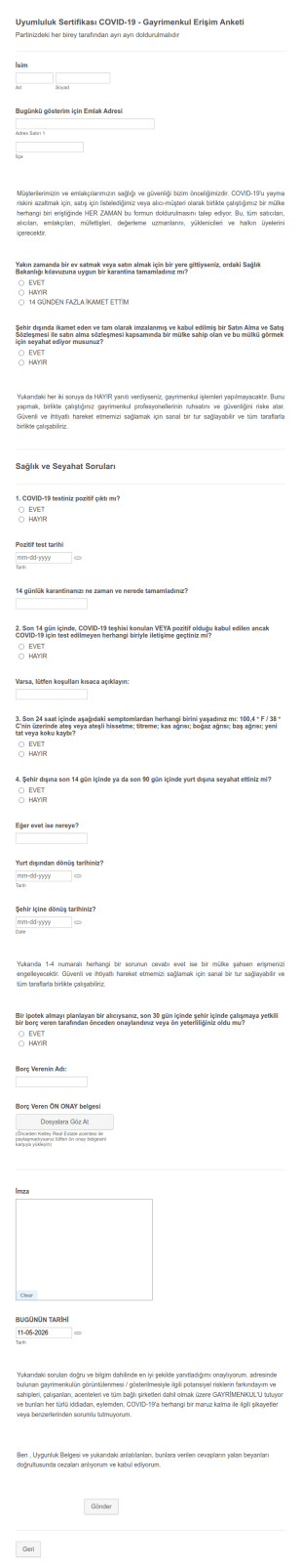 Emlak COVID 19 Uygunluk Anketi Form Şablonu