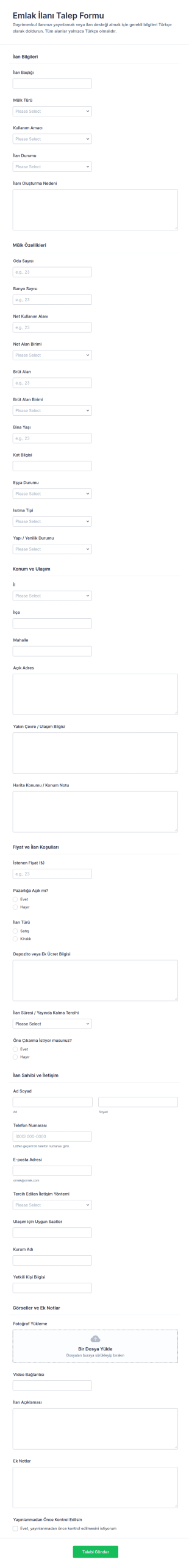 Emlak İlan Talep Form Şablonu