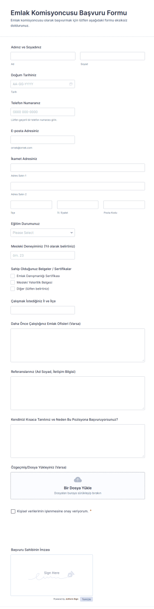 Emlak Komisyoncusu Başvuru Form Şablonu