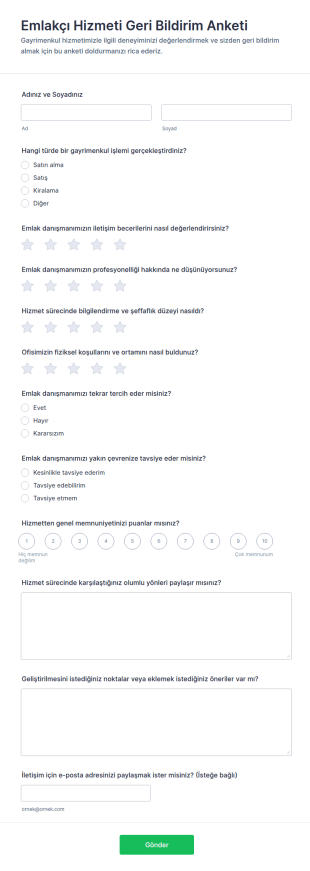 Emlak Temsilcisi Geri Bildirim Anketi Form Şablonu