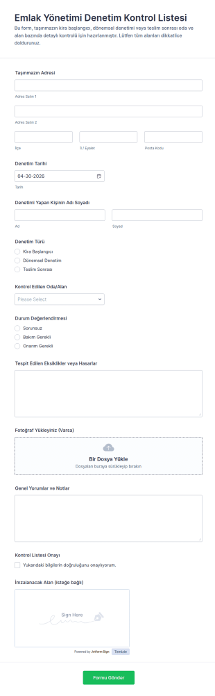 Emlak Yönetimi Denetim Kontrol Listesi Form Şablonu