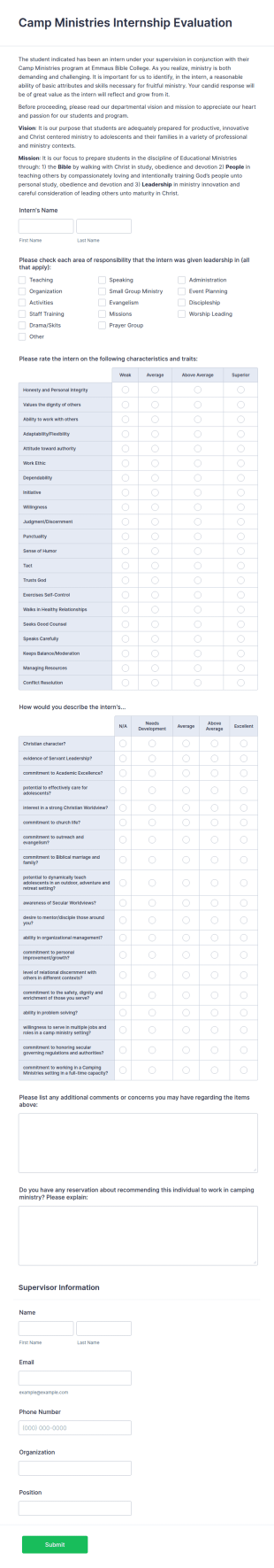 Bible College Camp Internship Evaluation Form Template