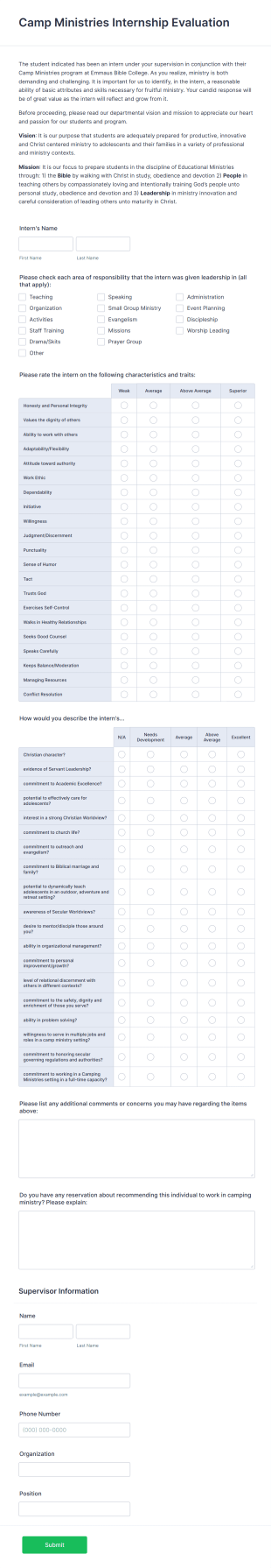 Bible College Camp Internship Evaluation Form Template