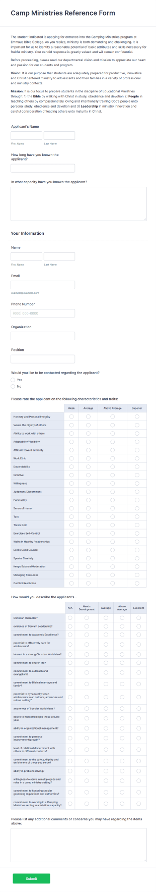 Camp Ministries Reference Form Template