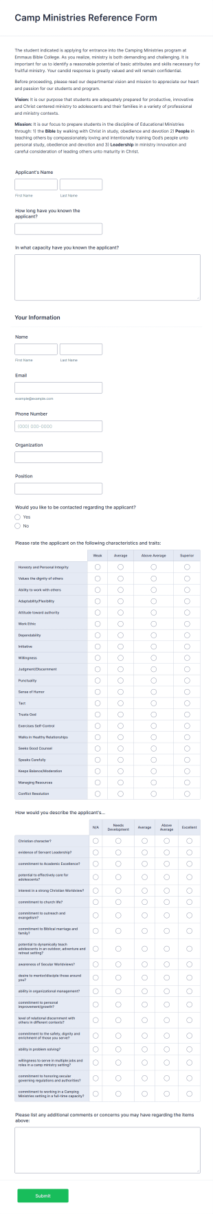 Camp Ministries Reference Form Template
