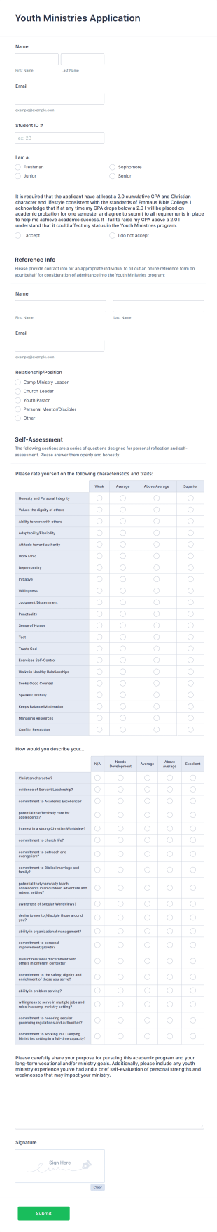 Youth Ministries Application Form Template
