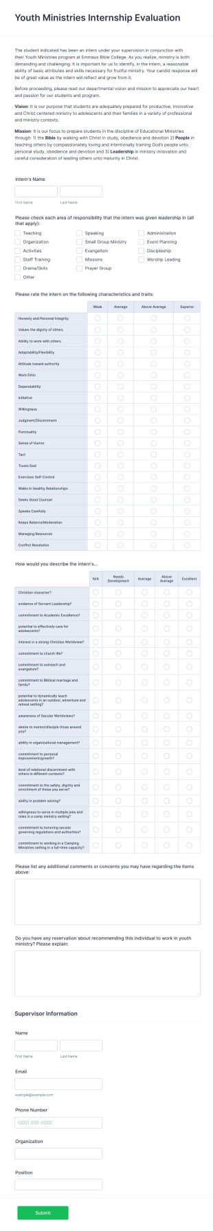 Youth Ministry Internship Evaluation Form Template