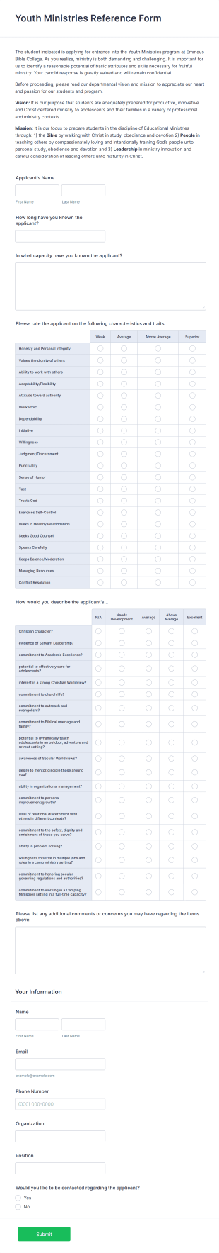 Youth Ministries Reference Form Template