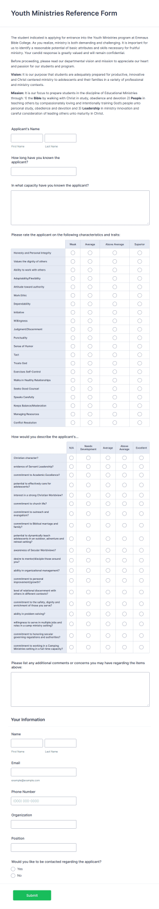 Youth Ministries Reference Form Template